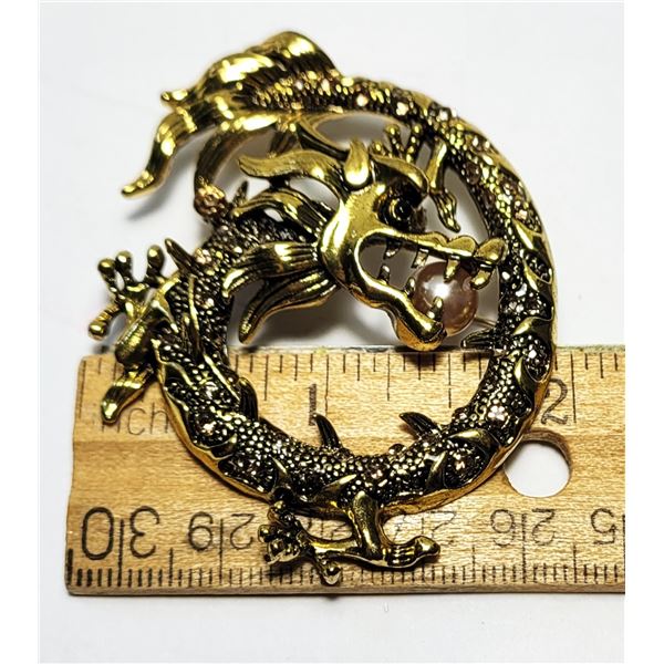 30)  GOLD TONE WITH PEARL, DRAGON BROOCH.