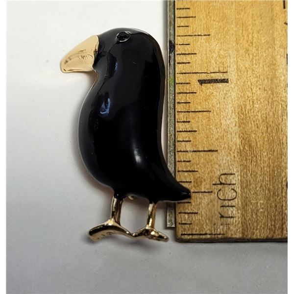 31)  GOLD TONE WITH BLACK ENAMEL CROW BROOCH.