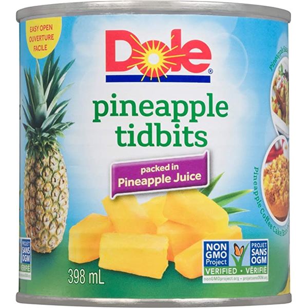 4 NEW CANS OF DOLE PINEAPPLE TIDBITS PACKED IN