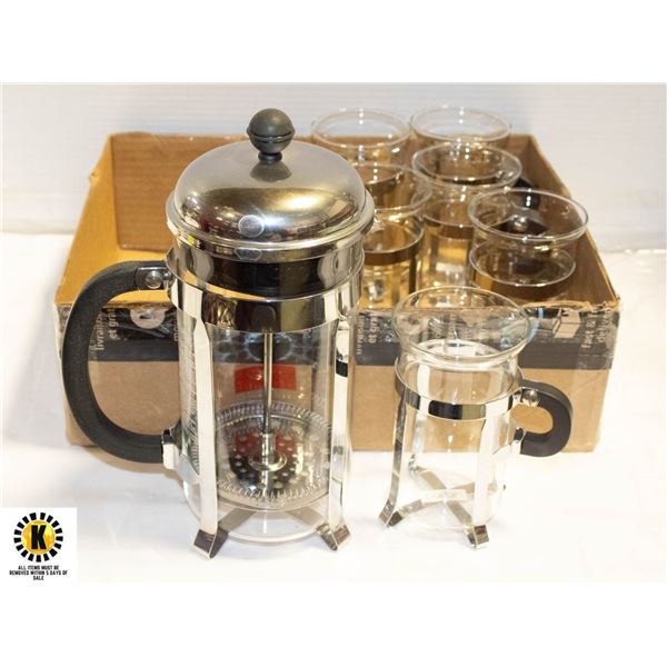 6 BODUM MUGS & LARGE FRENCH PRESS