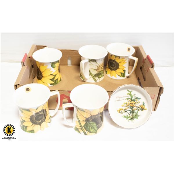 5 BOTANICAL FLOWER MUGS BONECHINA WITH FLOWER DISH