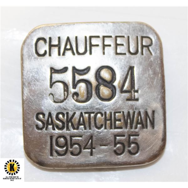 1954-55 SASKATCHEWAN  CHAUFFEUR'S  METAL LICENSE