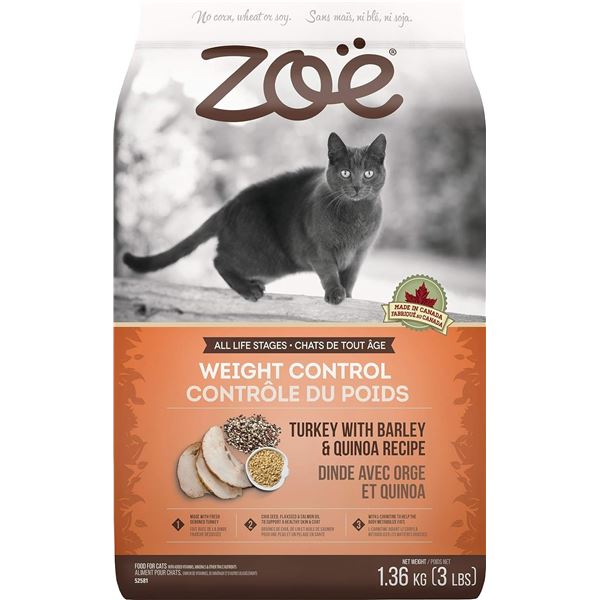 NEW ZOE WEIGHT CONTROL CAT FOOD - TURKEY BARLEY W/