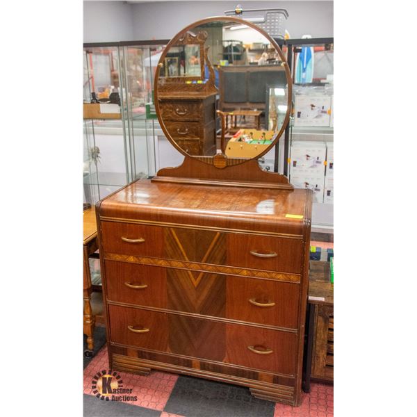 3 DRAWER ANTIQUE DRESSER W/ ROUND MIRROR