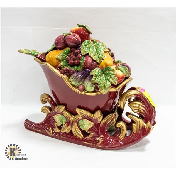 FRUIT SLEIGH LIDDED PUNCH BOWL WITH LADEL