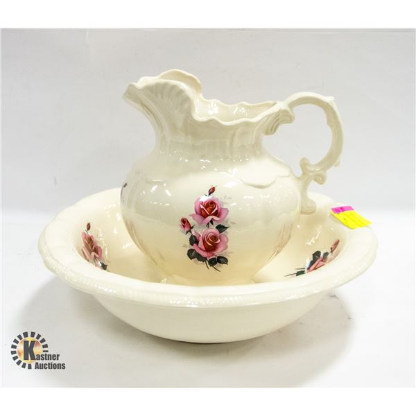 ARNELS CERAMIC ROSE WASH BASIN & PITCHER