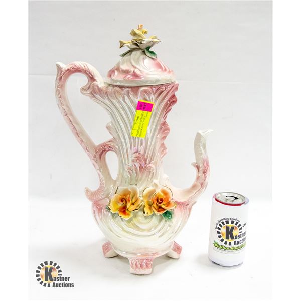 CAPODIMONTE CERAMIC LIDDED PITCHER; PINK/ IVORY