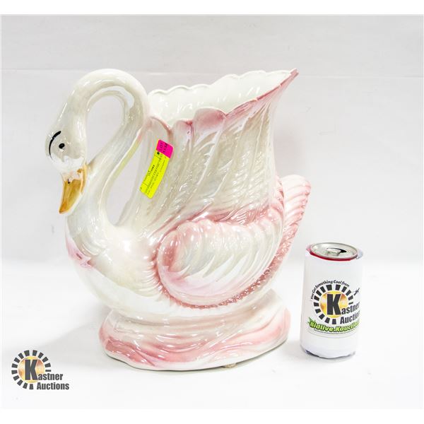 CERAMIC SWAN VASE; PINK/ IVORY-