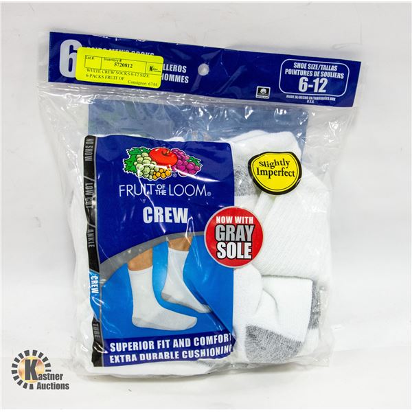 WHITE CREW SOCKS 6-12 SIZE 6-PACKS FRUIT OF