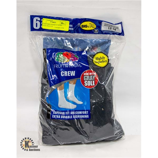 BLACK CREW SOCKS 12-16 SIZE 6-PACK FRUIT OF