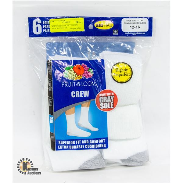 WHITE CREW SOCKS 12-16 SIZE 6-PACKS FRUIT OF