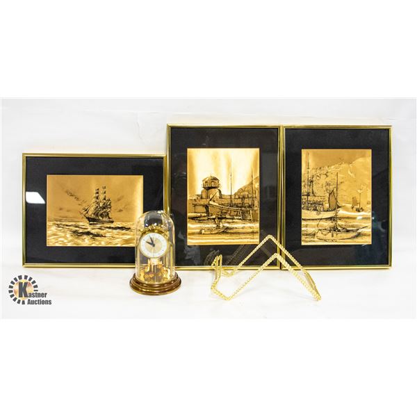 LOT OF 3 METAL ETCHED FRAMED PICTURES W/ PLATE