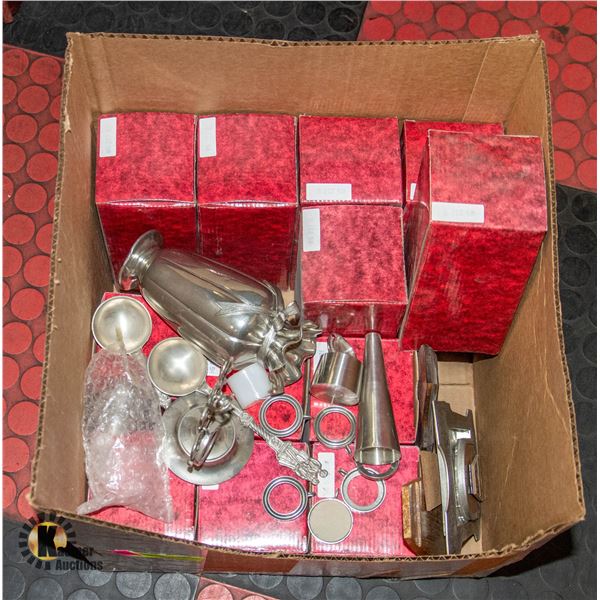 LARGE BOX OF PEWTER DECOR