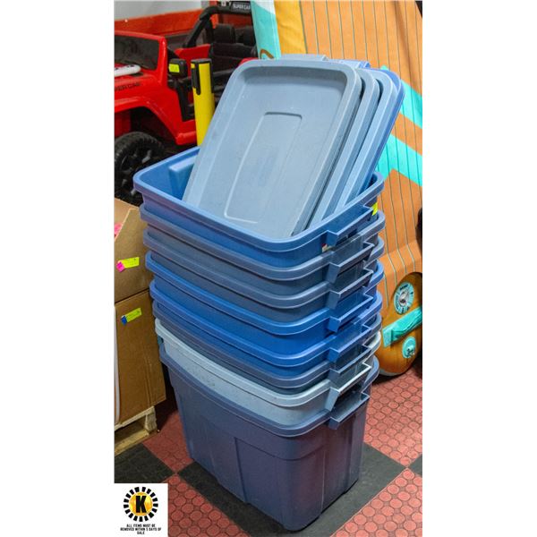 8 RUBBERMAID TOTES W/ 4 LIDS- ASSORTED SIZES