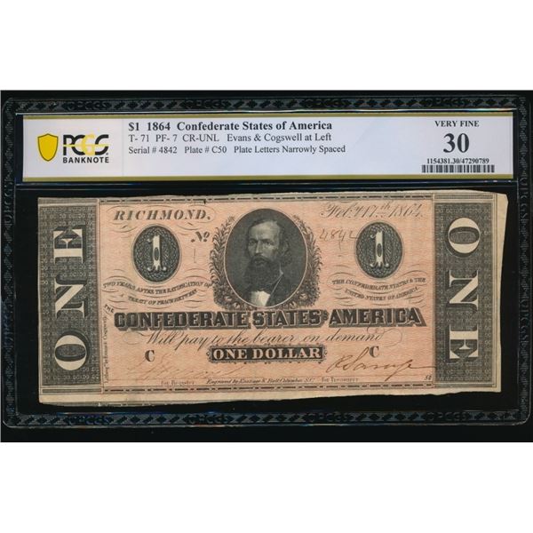 1864 $1  T-71 Confederate PCGS 30