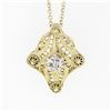 Image 2 : Antique Art Deco 14K Yellow Gold Diamond Open Filigree Milgrain Pendant Necklace