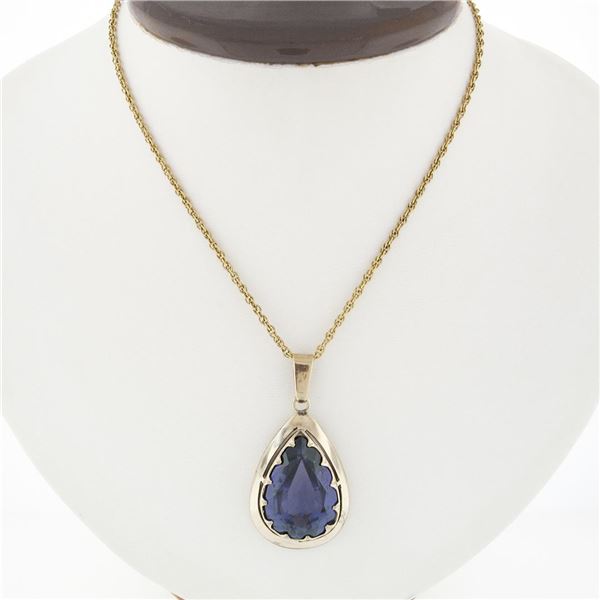 Vintage 14K Gold Alexandrite Large Teardrop Open Polished Frame Pendant Necklace