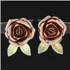 Image 2 : Retro Vintage 14k Rose & Green Gold Rose Flower w/ Textured Leaves Stud Earrings