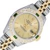 Rolex Ladies 2T Quickset Champagne Dial Diamond Lugs & Emerald Bezel Datejust