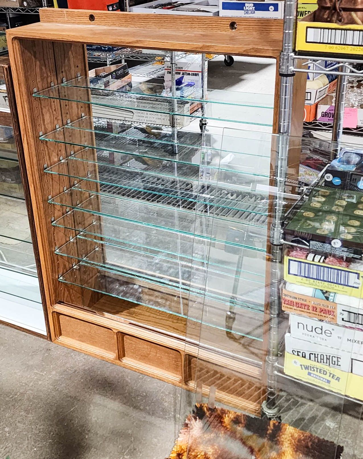 WALL MOUNT DISPLAY CASE W/ GLASS SHELVES & DOORS