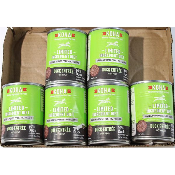 6 CANS OF KOHA  LIMITED INGREDIENT 90% DUCK  DOG FOOD