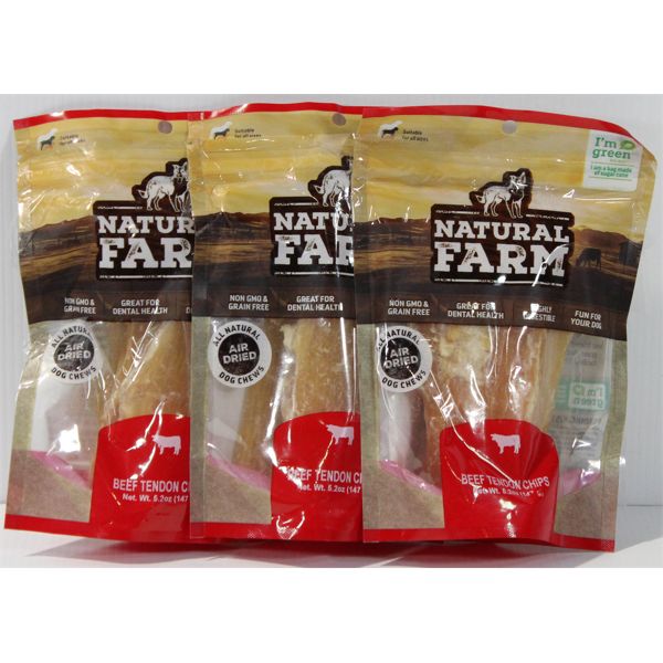 3 PK NATURAL FARM BEEF TENDON CHIPS ALL NATURAL DOG CHEWS