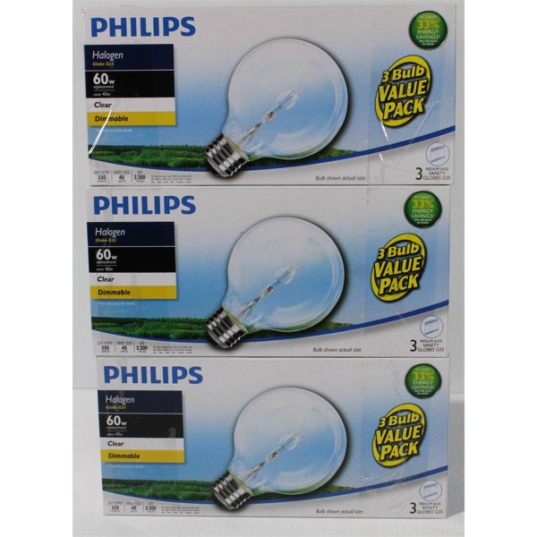 3PKS X 3 PHILLIPS 60W HALOGEN CLEAR LIGHT BULBS