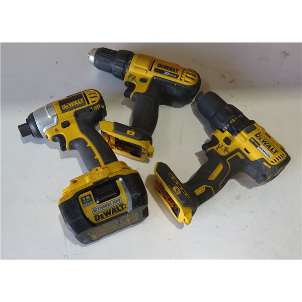 Qty 3 DeWalt Tools: DC827 Impact Driver, DCD771 & DCD777 Drill Drivers