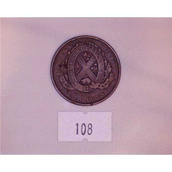 1837 Colonial Lower Canada Half Penny Bank Token - City Bank
