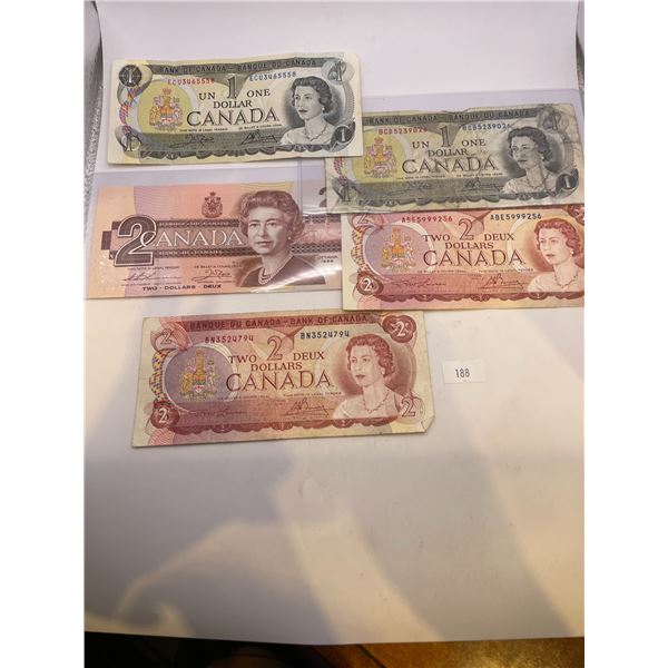 5x Canadian Banknotes (2x 1973 $1, 2x 1974 $2, 1x 1986 $2)