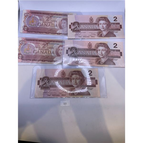 5x Canadian Banknotes ( 2x 1974 $2, 3x 1986 $2)