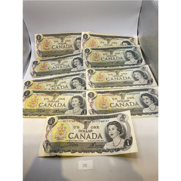 9x 1973 $1 Canadian Banknotes