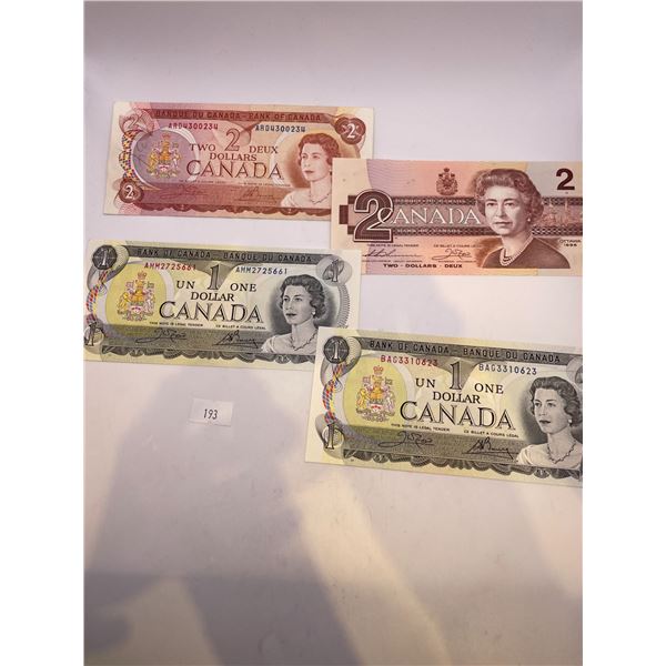 4x Canadian Banknotes (2x 1973 $1, 1x 1974 $2, 1x 1986 $2)