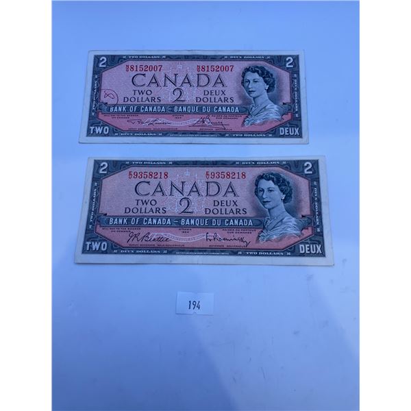 2x Canadian 1954 $2 Banknotes *Modified Portrait*