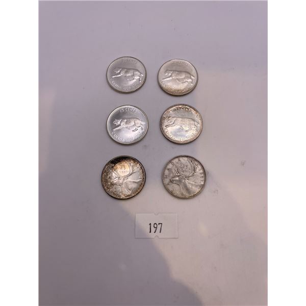 6x 1951-1967 Canadian Quarters (5.81g 80% Silver/each)