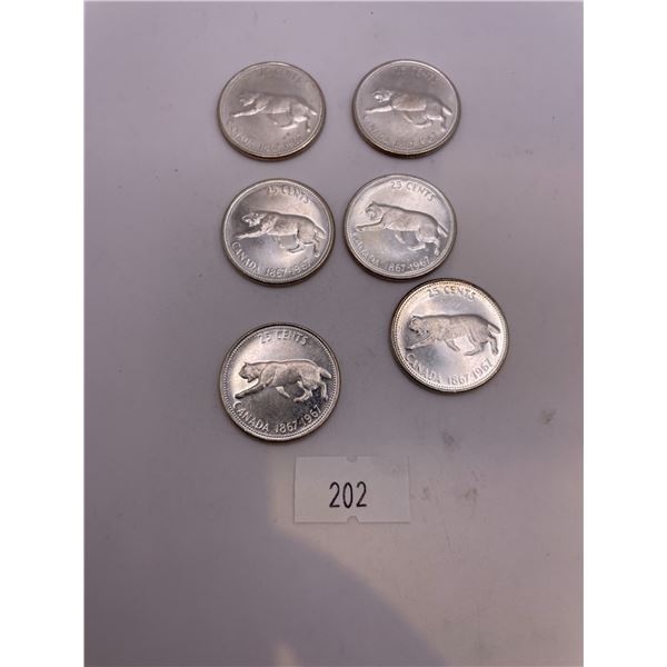 6x Canadian 1967 Canadian Silver Quarters (5.81g 80% Silver/each)