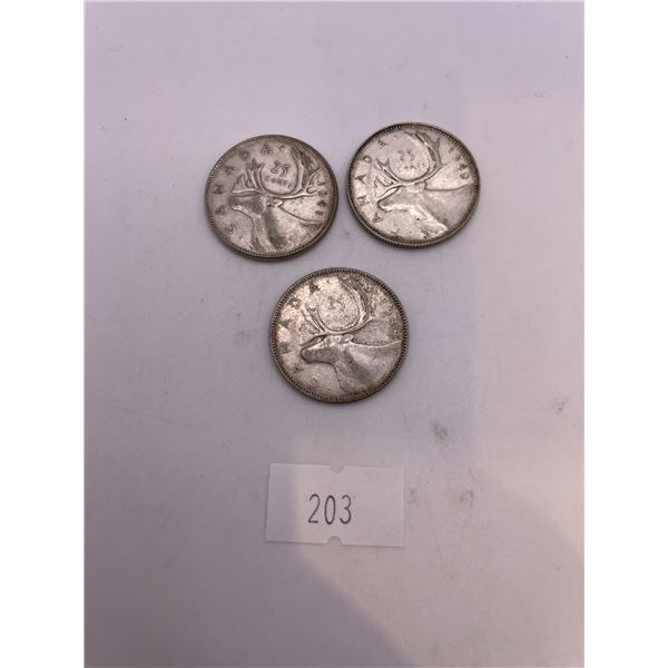 Canadian 1941 + 1948 + 1949 Canadian Silver Quarters (5.81g 80% Silver/each)