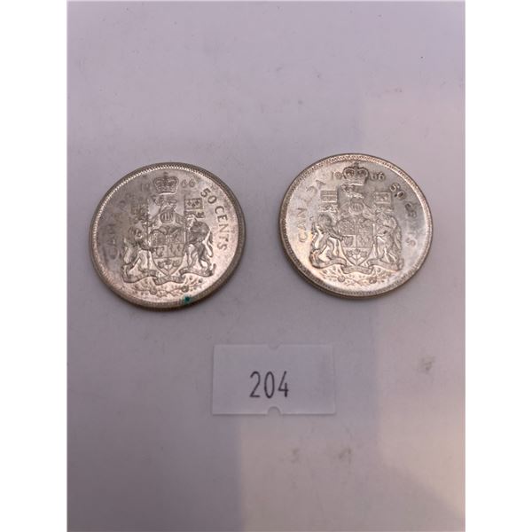 2x Canadian 1966 Canadian Silver 50 Cent Pieces (11.66g 80% Silver/each)