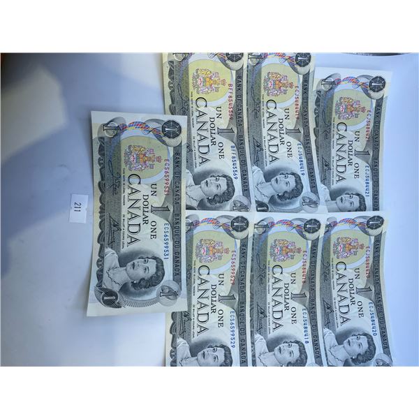 7x 1973 Canadian $1 Banknotes