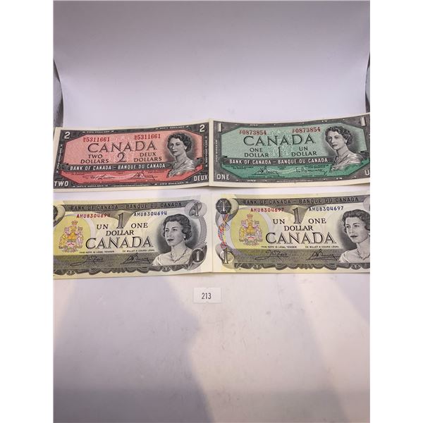 Canadian Banknotes (1x 1954 $1 + $2 *Modified Portraits*, 2x 1973 $1)