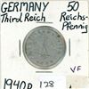 Image 1 : Nazi Germany – Third Reich. 1940D 50 Reichspfennig. Eagle with Swastika. Munich Mint. VF.