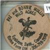 Image 1 : Pat & Bonnie Mullin Wild Acres Game Farm large Wooden Nickel. Issued for Eyebrow, Sask.