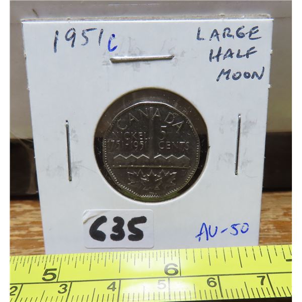 1951c Canadian Nickel 5 Cents. Large Half Moon from Die Clash. AU-50. Lustrous.