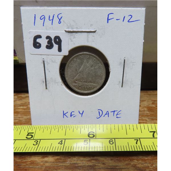 1948 Canadian Silver 10 Cents. Key Date. F-12.