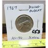 Image 1 : 1967 Diving Bobcat Silver 25 Cents. Major Die Rotation. AU-50. Scarce.