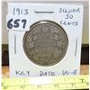 Image 1 : 1913 Canadian Silver 50 Cents. Key Date. Mintage of 265,889. VG-8.