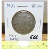 Image 1 : 1931 Canadian Silver 50 Cents. Key Date. Mintage of 57,581. VG-10.