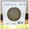 Image 1 : 1936 Canadian Silver 50 Cents. Key Date. Mintage of 38,550. VG-8.