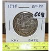 Image 1 : 1938 Canadian Silver 50 Cents. Key Date. Mintage of 192,018. EF-40.
