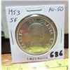 Image 1 : 1953 Shoulder Fold Canadian Silver Dollar. AU-50. Lustrous.